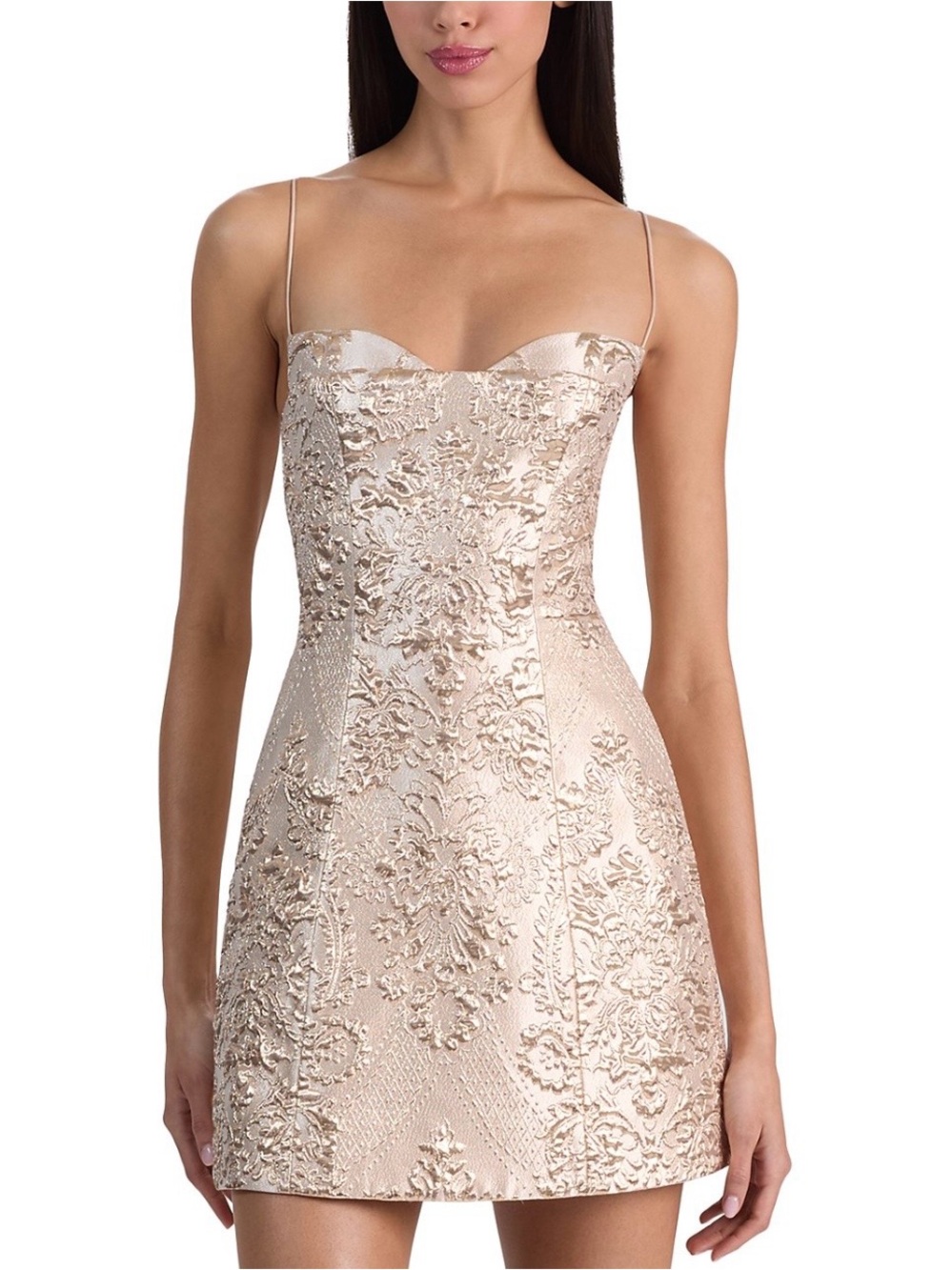 Alice + Olivia Champagne Embroidered Spaghetti Strap Mini Dress
